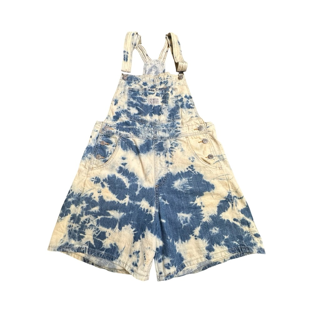Levi Overalls Shorts Womens 34in Blue Tie Dye Denim Bib Shortalls Boho